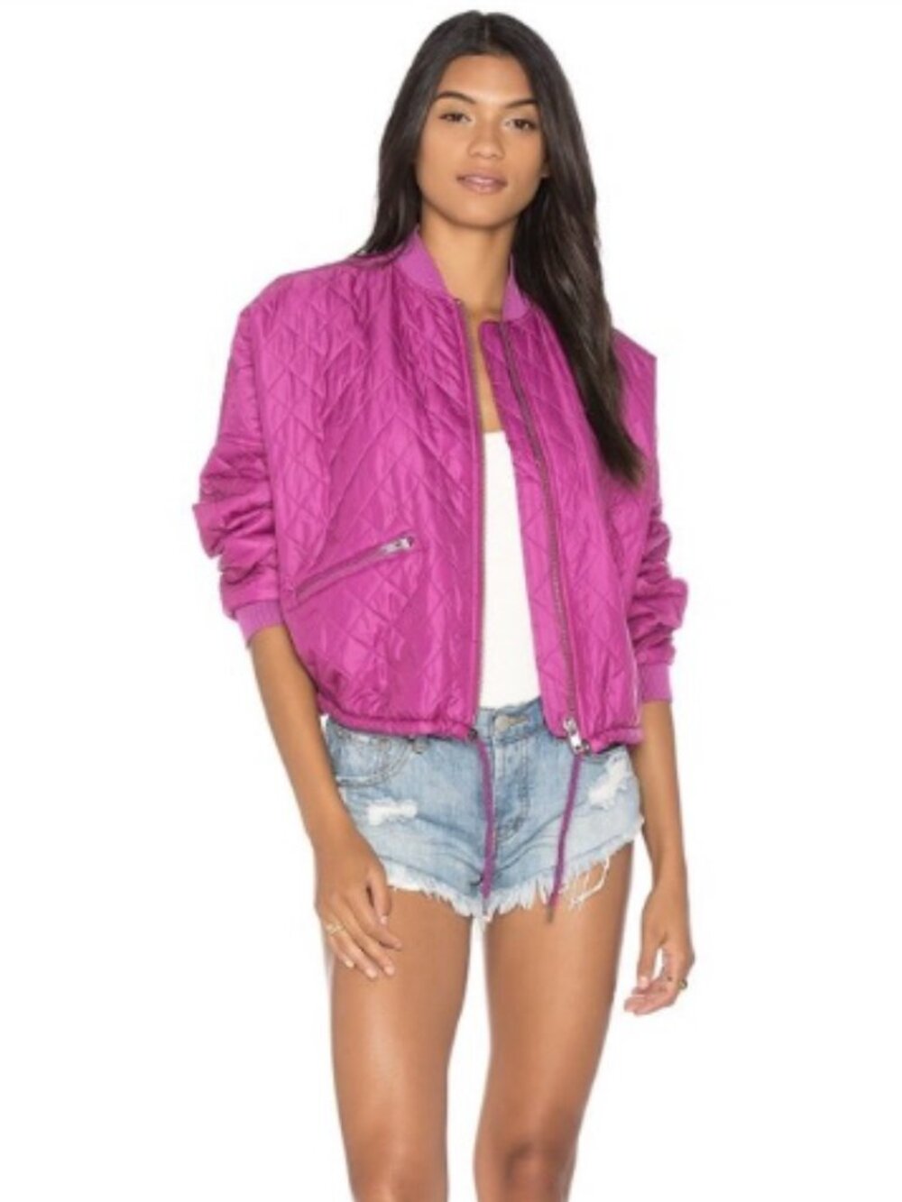 FREE PEOPLE Easy Quilted Bomber Jacket Pink Fuchsia Cropped Zip, Size M